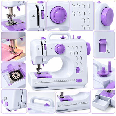 ASW2 Mini Dikiş Makinesi 12 Dikiş Desenli 2 Kademeli Hız Ayarlı Ayak Pedallı LED Işıklı Geri Dikiş Fonksiyonlu Ev Tipi Dikiş Makinesi