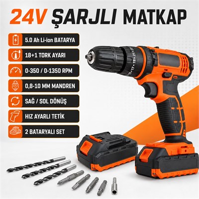 B138 24V Şarjlı Matkap Vidalama Seti 5.0 Ah Li-ion Çift Bataryalı 18+1 Tork Ayarlı 2 Kademeli Devir Anahtarsız Mandrenli Uç Setli Taşıma Çantalı Kablosuz Matkap