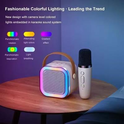Bej K12 Renkli Işıklı Karaoke Hoparlör Tek Mikrofonlu Taşınabilir Bluetooth Müzik Kutusu Led Efektli Kablosuz Şarjlı Speaker 