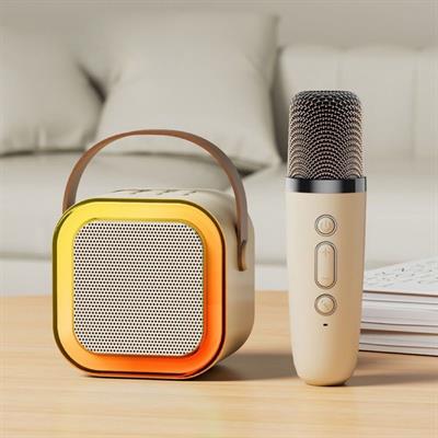 Bej K12 Renkli Işıklı Karaoke Hoparlör Tek Mikrofonlu Taşınabilir Bluetooth Müzik Kutusu Led Efektli Kablosuz Şarjlı Speaker 