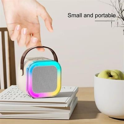 Bej K12 Renkli Işıklı Karaoke Hoparlör Tek Mikrofonlu Taşınabilir Bluetooth Müzik Kutusu Led Efektli Kablosuz Şarjlı Speaker 