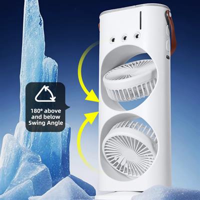 Beyaz 5003 Çift Fanlı Sprey Soğutucu Nemlendirici Şarjlı Masaüstü Vantilatör Su Püskürten 2li Rgb Işıklı Oynar Başlıklı Ayarlanabilir Serinletici Fan 