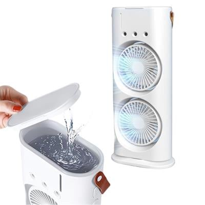 Beyaz 5003 Çift Fanlı Sprey Soğutucu Nemlendirici Şarjlı Masaüstü Vantilatör Su Püskürten 2li Rgb Işıklı Oynar Başlıklı Ayarlanabilir Serinletici Fan 