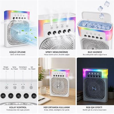 Beyaz 5005 Sprey Fan Şarjlı Buharlı Vantilatör Rgb Işıklı Zaman Ayarlı Masaüstü Serinletici Nemlendirici Su Püskürten Soğutucu Fan 
