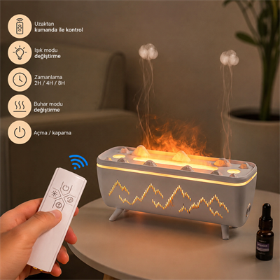 Beyaz PDPG-V72 280 ML Alev Efektli Aroma Difüzörü ve Hava Nemlendirici Kablolu 3 Renk LED Işıklı Uzaktan Kumandalı Zaman Ayarlı Dekoratif Buhar Makinesi