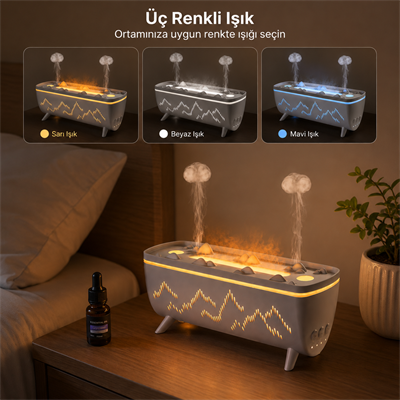 Beyaz PDPG-V72 280 ML Alev Efektli Aroma Difüzörü ve Hava Nemlendirici Kablolu 3 Renk LED Işıklı Uzaktan Kumandalı Zaman Ayarlı Dekoratif Buhar Makinesi