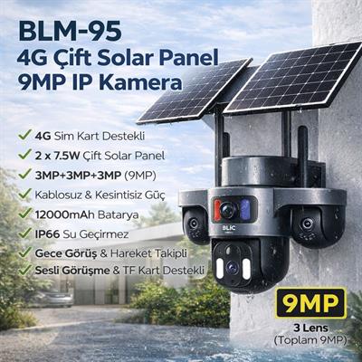 BLM95 4G Çift Solar Panel 9MP IP Kamera 3 Lensli Kablosuz Güvenlik Kamerası 12000mah Bataryalı IP66 Gece Görüşlü Hareket Takipli Sesli Görüşme TF Kart Destekli