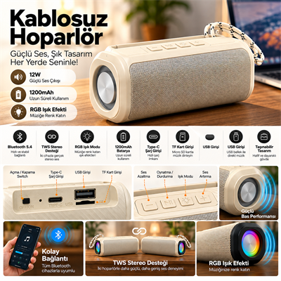 BLS-72 12W Bluetooth 5.4 Kablosuz Hoparlör RGB Işıklı TWS Stereo Destekli 1200 mAh Bataryalı USB TF Kart Girişli Type-C Şarjlı Telefon Standlı Taşınabilir Ses Sistemi