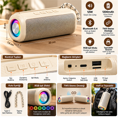 BLS-72 12W Bluetooth 5.4 Kablosuz Hoparlör RGB Işıklı TWS Stereo Destekli 1200 mAh Bataryalı USB TF Kart Girişli Type-C Şarjlı Telefon Standlı Taşınabilir Ses Sistemi