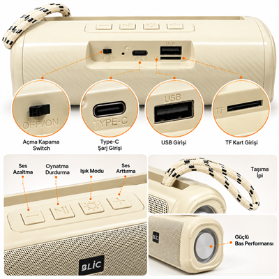 BLS-72 12W Bluetooth 5.4 Kablosuz Hoparlör RGB Işıklı TWS Stereo Destekli 1200 mAh Bataryalı USB TF Kart Girişli Type-C Şarjlı Telefon Standlı Taşınabilir Ses Sistemi