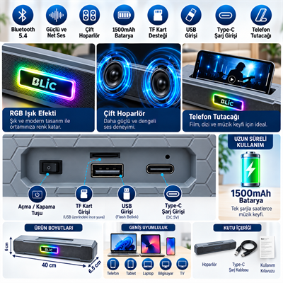 BLS-85 Kablosuz Bluetooth Hoparlör 6W Çift Hoparlörlü Telefon Tutuculu RGB Işıklı 1500 mAh Şarjlı USB Hafıza Kartı Destekli Masaüstü Ses Sistemi