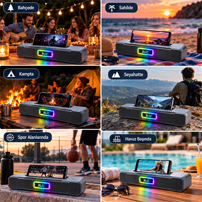 BLS-85 Kablosuz Bluetooth Hoparlör 6W Çift Hoparlörlü Telefon Tutuculu RGB Işıklı 1500 mAh Şarjlı USB Hafıza Kartı Destekli Masaüstü Ses Sistemi