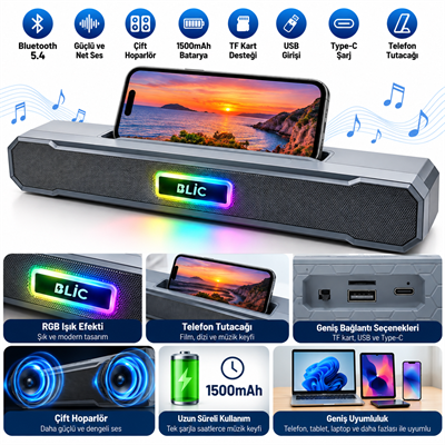 BLS-85 Kablosuz Bluetooth Hoparlör 6W Çift Hoparlörlü Telefon Tutuculu RGB Işıklı 1500 mAh Şarjlı USB Hafıza Kartı Destekli Masaüstü Ses Sistemi