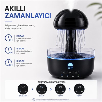 Siyah BWRV73 Dinamik Denizanası Efektli Nemlendirici  Aromaterapi Difüzörü LED Işıklı Uzaktan Kumandalı Hava Nemlendirici 320 ml Hareketli Ayaklı Zaman Ayarlı 