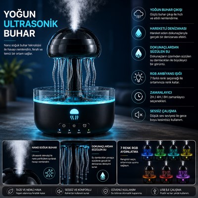 Siyah BWRV73 Dinamik Denizanası Efektli Nemlendirici  Aromaterapi Difüzörü LED Işıklı Uzaktan Kumandalı Hava Nemlendirici 320 ml Hareketli Ayaklı Zaman Ayarlı 