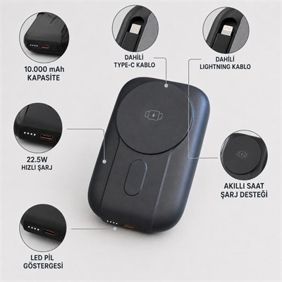 CK90 10000 mAh 4ü 1 Arada Powerbank 22.5W Hızlı Şarj Manyetik Kablosuz Şarj Akıllı Saat Şarjı Dahili Type C ve Lightning Kablolu Standlı Powerbank