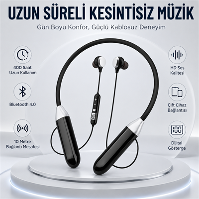 Comfort-04 Boyun Tipi Bluetooth Kulaklık 400 Saat Uzun Kullanım Dijital Göstergeli HD Ses Çift Cihaz Bağlantılı Kablosuz Kulaklık