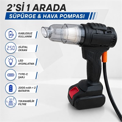 Cs67 Plus Max 2si 1 Arada Kablosuz El Süpürgesi ve Hava Pompası Dijital Ekranlı Şarjlı Araç Lastik Şişirme Type-C LED Aydınlatmalı