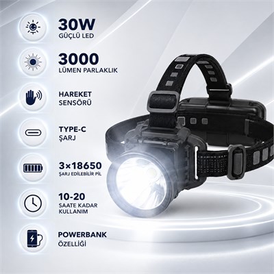 Everton RT-166 30W 3000 Lümen Şarjlı Kafa Feneri Hareket Sensörlü Type-C Şarjlı Powerbank Özellikli Güçlü LED Kamp Balıkçılık Outdoor Baş Feneri