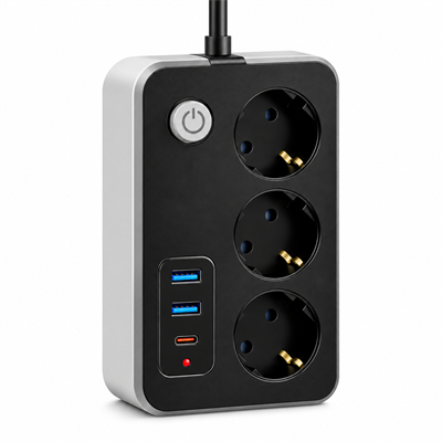 FTR02 Termal Akım Korumalı 3'lü Çoklu Priz 2 USB ve 1 Type C Girişli 20W PD Şarj Destekli 2500W Güç Kapasiteli Açma Kapama Düğmeli Uzatma Kablosu