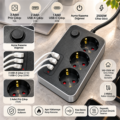 FTR02 Termal Akım Korumalı 3lü Çoklu Priz 2 USB ve 1 Type C Girişli 20W PD Şarj Destekli 2500W Güç Kapasiteli Açma Kapama Düğmeli Uzatma Kablosu