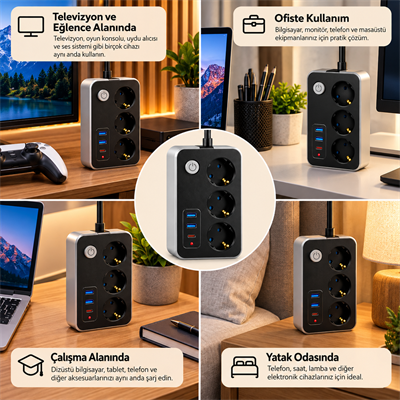 FTR02 Termal Akım Korumalı 3lü Çoklu Priz 2 USB ve 1 Type C Girişli 20W PD Şarj Destekli 2500W Güç Kapasiteli Açma Kapama Düğmeli Uzatma Kablosu