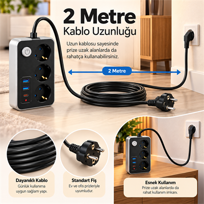 FTR02 Termal Akım Korumalı 3lü Çoklu Priz 2 USB ve 1 Type C Girişli 20W PD Şarj Destekli 2500W Güç Kapasiteli Açma Kapama Düğmeli Uzatma Kablosu