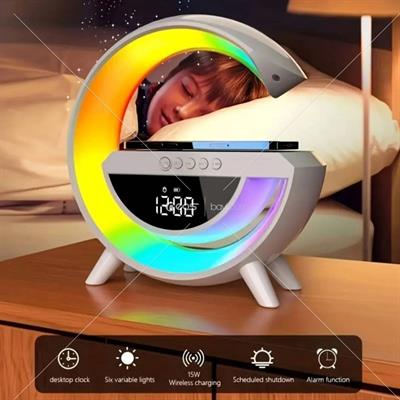 G-Tasarımlı RGB Kablosuz Şarj Özellikli Dijital Saatli Bluetooth Hoparlör Gece Lambası