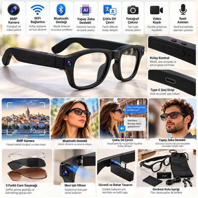 G1 Max Akıllı Kamera Gözlük 8MP Kamera WiFi Bluetooth Yapay Zeka Destekli Çoklu Dil Çeviri Fotoğraf Video Çekim Sesli Asistan Değiştirilebilir Cam