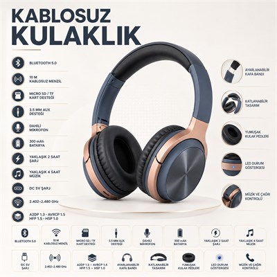 Gri BT830 Kablosuz Bluetooth 5.0 Kulak Üstü Kulaklık TF Kart Destekli Aux Girişli Şarj Edilebilir Kulaklık
