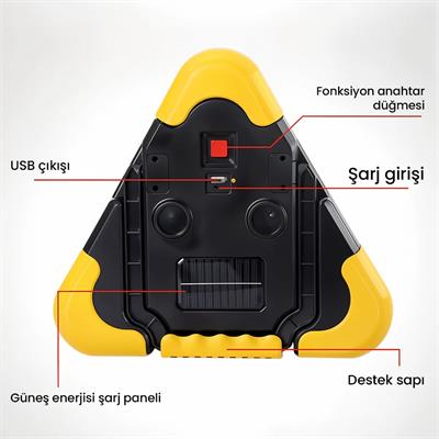 Güneş Enerjili Üçgen LED Uyarı Lambası | USB Şarjlı Çok Fonksiyonlu Kamp ve Acil Durum Işığı Reflektör