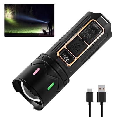 HS-202 Süper Parlak Yüksek Lümen Usb Şarjlı El Feneri Dijital Ekran Cob Kırmızı Mavi Işık 5 Modlu Zoom Özellikli 