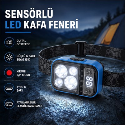 HS-217 Sensörlü Şarjlı LED Kafa Feneri Type-C Şarjlı Dijital Batarya Göstergeli Çok Modlu Güçlü Işıklı Kamp Yürüyüş Tamirat ve Çalışma Feneri