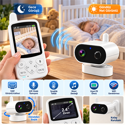 HS327 Bebek Kamerası 720P HD Dijital Bebek İzleme Kamerası 2.4 İnç Ekranlı Gece Görüşlü Çift Yönlü Sesli Oda Sıcaklık Takipli Bebek Telsizi