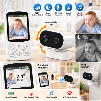 HS327 Bebek Kamerası 720P HD Dijital Bebek İzleme Kamerası 2.4 İnç Ekranlı Gece Görüşlü Çift Yönlü Sesli Oda Sıcaklık Takipli Bebek Telsizi