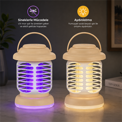 HS376 Şarjlı LED Kamp Lambası Elektrikli Sinek Öldürücü UV Işıklı USB Type C Taşınabilir Askılı Kamp Feneri W3