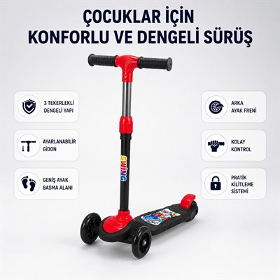 Kırmızı CNS Scooter Çocuklar İçin 3 Tekerlekli Denge Scooter 3 Kademe Ayarlanabilir Direksiyon Işıklı Tekerlekli Geniş Ayak Basma Alanı Arka Ayak Frenli Çocuk Scooterı