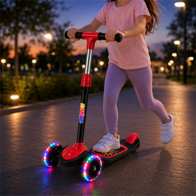 Kırmızı CNS Scooter Çocuklar İçin 3 Tekerlekli Denge Scooter 3 Kademe Ayarlanabilir Direksiyon Işıklı Tekerlekli Geniş Ayak Basma Alanı Arka Ayak Frenli Çocuk Scooterı