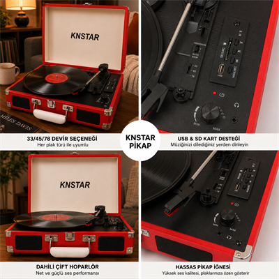 Kırmızı Retro Valiz Tipi Pikap 33 45 78 Devir Bluetooth USB SD Kart Destekli Dahili Hoparlörlü Taşınabilir Plak Çalar