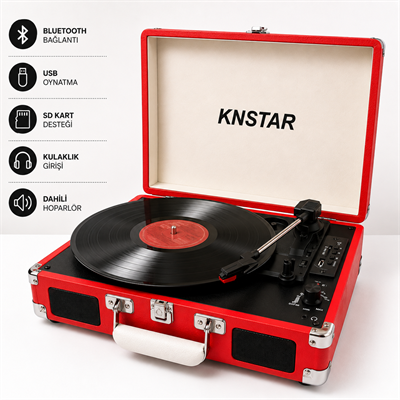 Kırmızı Retro Valiz Tipi Pikap 33 45 78 Devir Bluetooth USB SD Kart Destekli Dahili Hoparlörlü Taşınabilir Plak Çalar