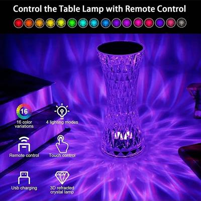 Kristal Dekoratif Masa Lambası Rgb Renk Değiştiren Dokunmatik Kontrollü 16 Renkli 4 Modlu Gece Lambası