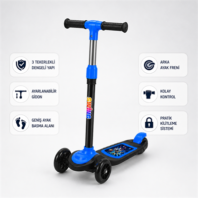 Mavi CNS Scooter Çocuklar İçin 3 Tekerlekli Denge Scooter 3 Kademe Ayarlanabilir Direksiyon Işıklı Tekerlekli Geniş Ayak Basma Alanı Arka Ayak Frenli Çocuk Scooterı