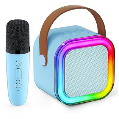 Mavi K12 Renkli Işıklı Karaoke Hoparlör Tek Mikrofonlu Taşınabilir Bluetooth Müzik Kutusu Led Efektli Kablosuz Şarjlı Speaker 