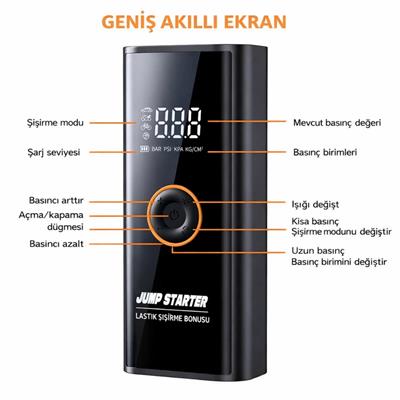 MC6623 Araç Akü Takviye Cihazı Dijital Göstergeli Lastik Şişirme Kompresörü Pompa Taşınabilir Güçlü Çok Fonksiyonlu Acil Destek Ünitesi Araç Pompası
