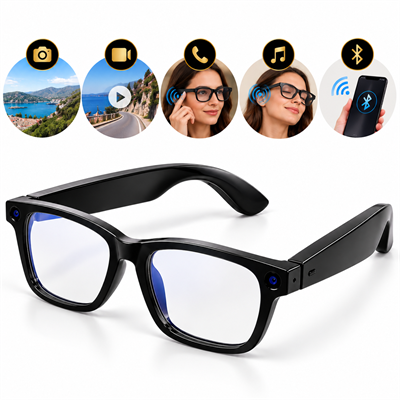 MT5 Ultra Akıllı Gözlük Kameralı Gözlük Fotoğraf Video Kayıt Bluetooth Telefon Görüşmesi Müzik Dinleme Mavi Işık Filtreli Lens Siyah Güneş Camı Şarj Kutulu