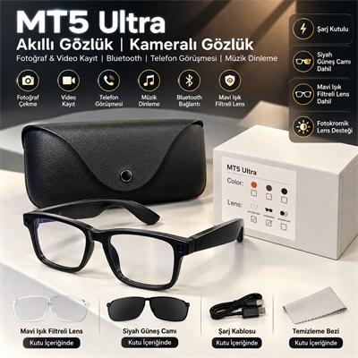 MT5 Ultra Akıllı Gözlük Kameralı Gözlük Fotoğraf Video Kayıt Bluetooth Telefon Görüşmesi Müzik Dinleme Mavi Işık Filtreli Lens Siyah Güneş Camı Şarj Kutulu