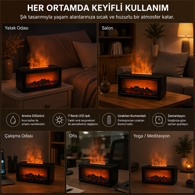 PDPG-A4 Şömine Görünümlü Aroma Difüzörü ve Hava Nemlendirici 280 ml 7 Renk LED Alev Efektli Uzaktan Kumandalı Zaman Ayarlı Kablolu Buhar Makinesi