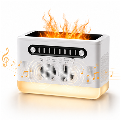 PDPG-FS301 Alev Efektli Aroma Difüzörü ve Kablosuz Hoparlör 7 Renk LED Gece Lambası Şarj Edilebilir Çok Fonksiyonlu Speaker Hava Nemlendirici