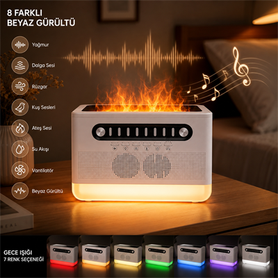 PDPG-FS301 Alev Efektli Aroma Difüzörü ve Kablosuz Hoparlör 7 Renk LED Gece Lambası Şarj Edilebilir Çok Fonksiyonlu Speaker Hava Nemlendirici