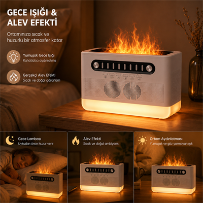 PDPG-FS301 Alev Efektli Aroma Difüzörü ve Kablosuz Hoparlör 7 Renk LED Gece Lambası Şarj Edilebilir Çok Fonksiyonlu Speaker Hava Nemlendirici